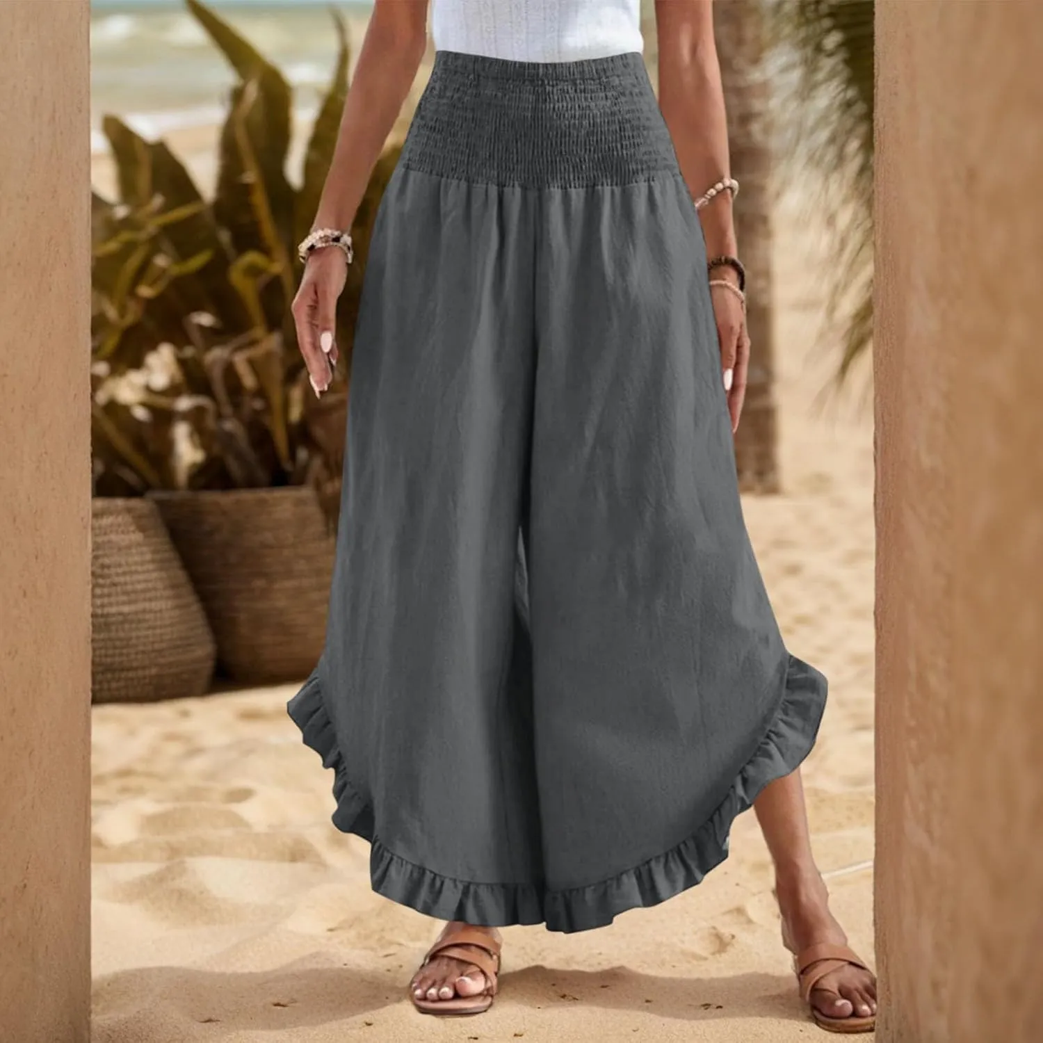 Linen Wide Leg Pants for Women Stretch Smocked High Waisted Ruffle Hem Palazzo Pants Summer Casual Loose Beach Pants