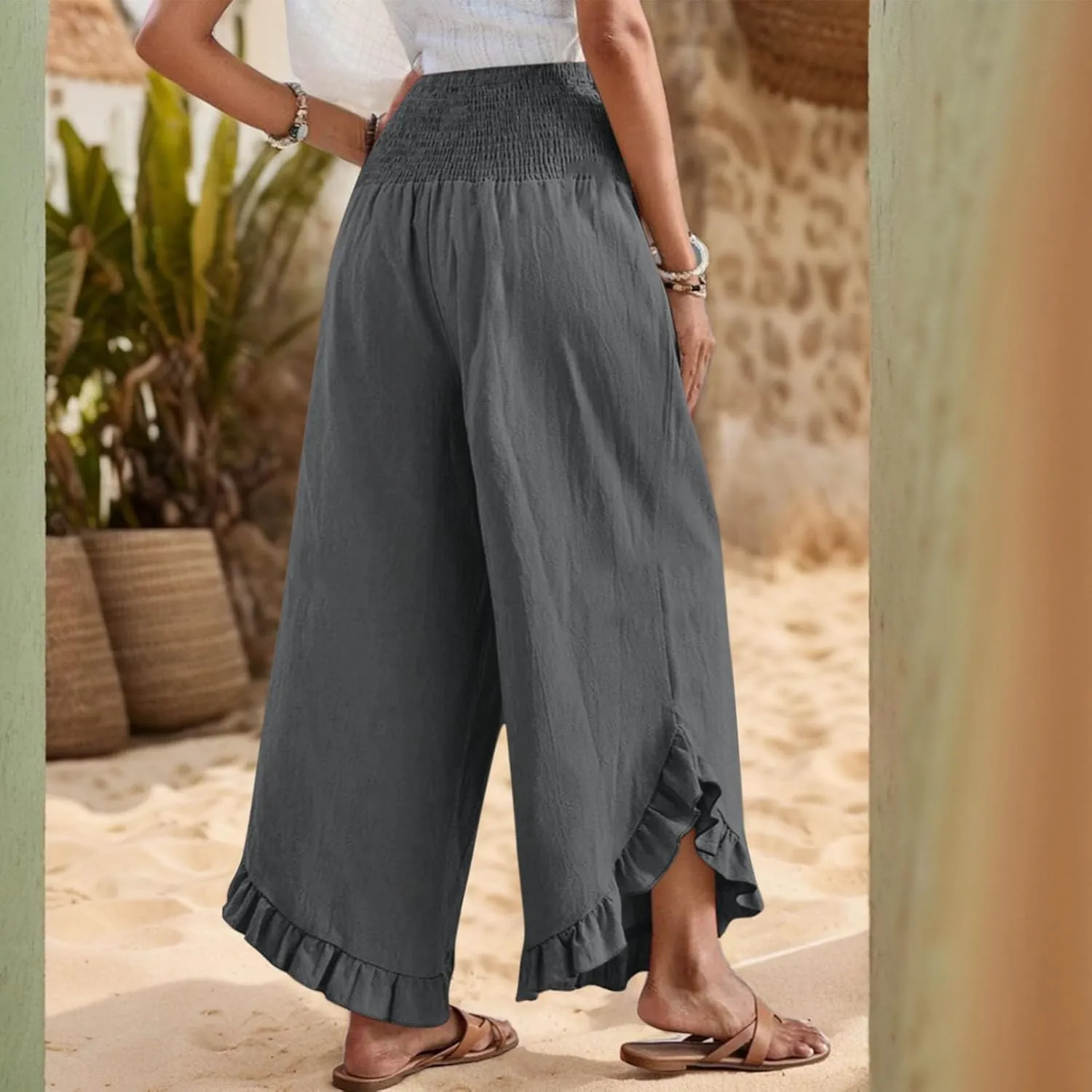 Linen Wide Leg Pants for Women Stretch Smocked High Waisted Ruffle Hem Palazzo Pants Summer Casual Loose Beach Pants