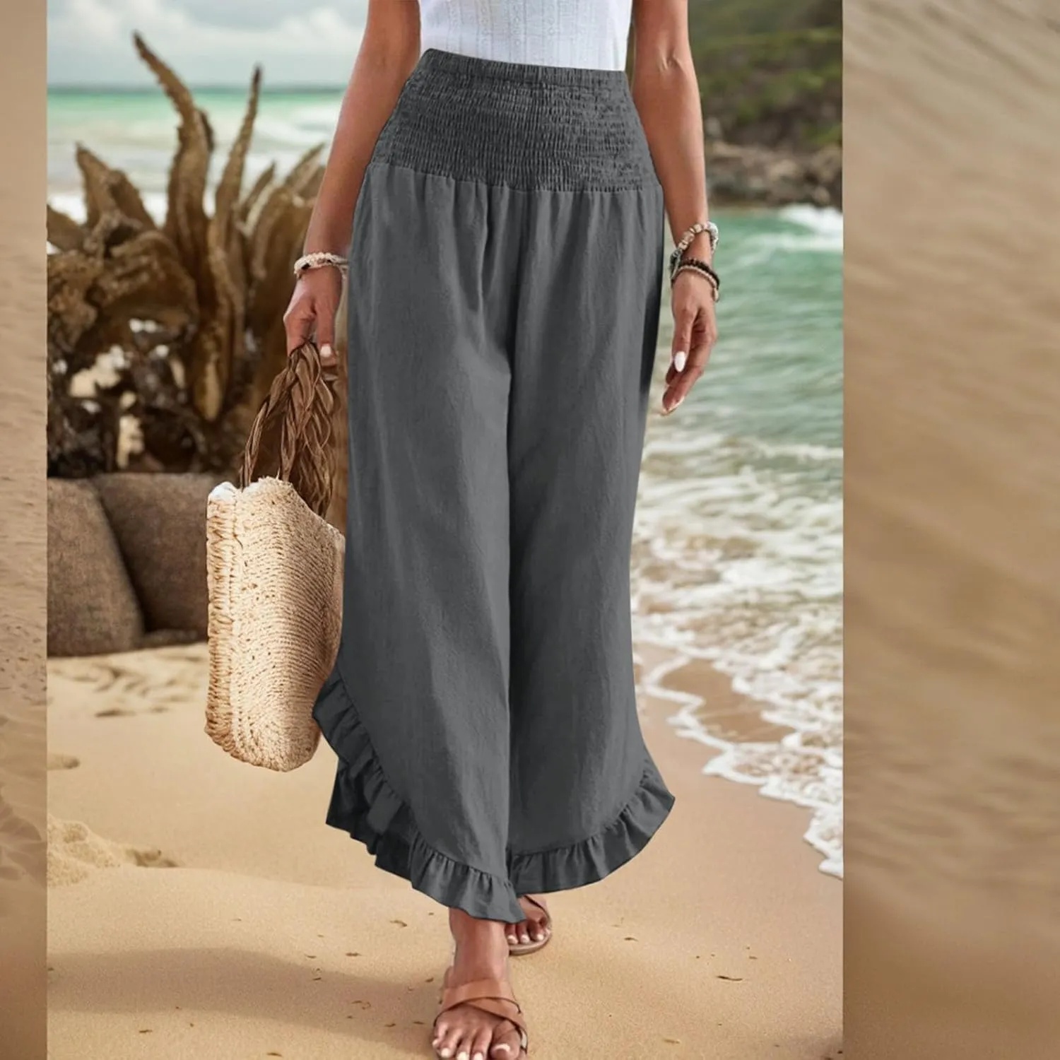 Linen Wide Leg Pants for Women Stretch Smocked High Waisted Ruffle Hem Palazzo Pants Summer Casual Loose Beach Pants
