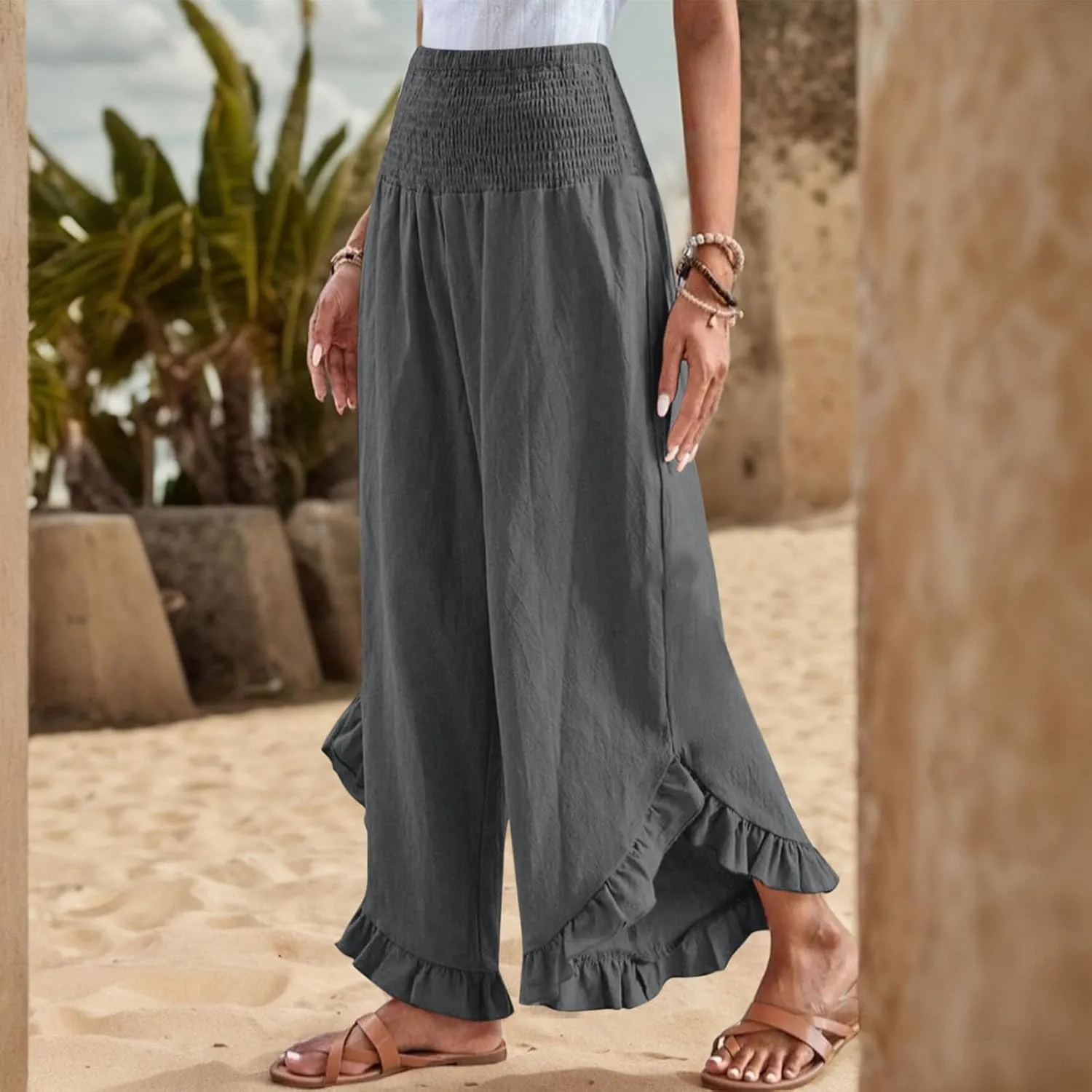 Linen Wide Leg Pants for Women Stretch Smocked High Waisted Ruffle Hem Palazzo Pants Summer Casual Loose Beach Pants