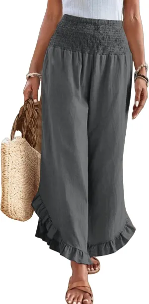 Linen Wide Leg Pants for Women Stretch Smocked High Waisted Ruffle Hem Palazzo Pants Summer Casual Loose Beach Pants