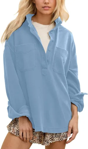 Locachy Women's Casual Oversized Polo Sweatshirt Lapel Long Sleeve Button Pullover Tops Fashion Outfits Clothes