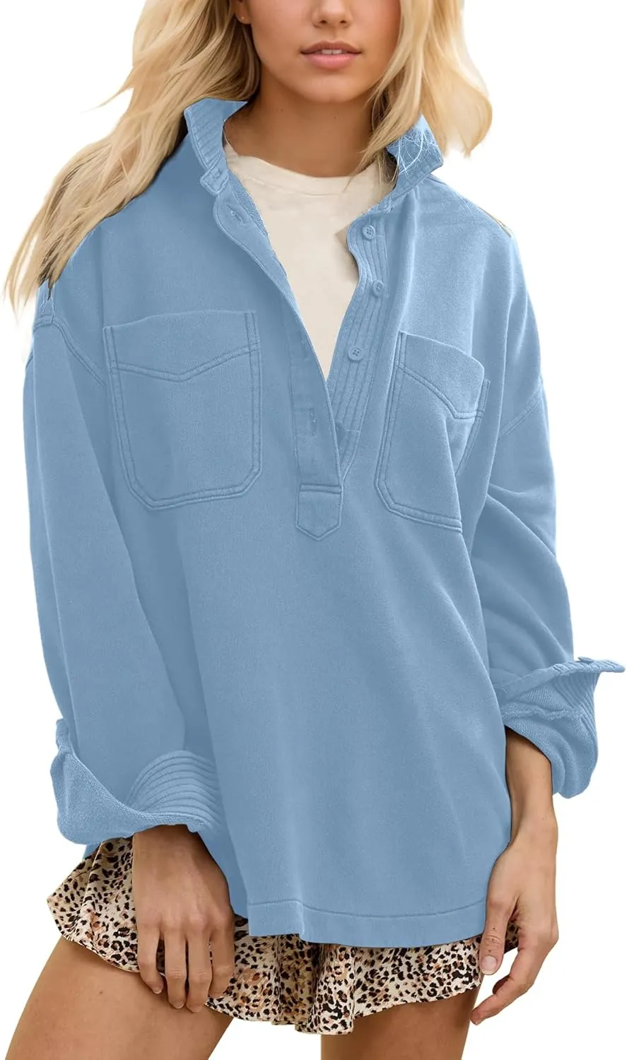 Locachy Women's Casual Oversized Polo Sweatshirt Lapel Long Sleeve Button Pullover Tops Fashion Outfits Clothes