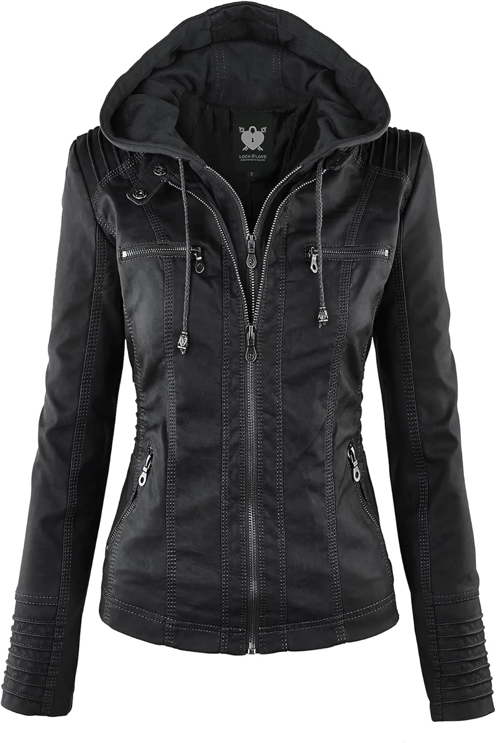 Lock and Love Women's Faux Leather Moto Biker Jacket Coat with Removable or Non-Removable Hood