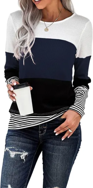 Long Sleeve Shirts for Women Casual Lightweight Sweaters Color Block Striped Tunic Tops