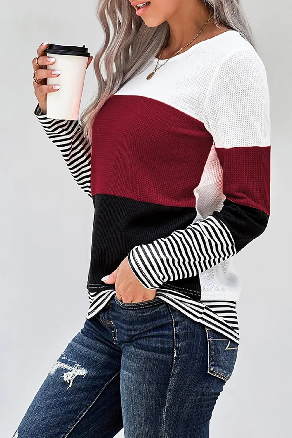 Long Sleeve Shirts for Women Casual Lightweight Sweaters Color Block Striped Tunic Tops