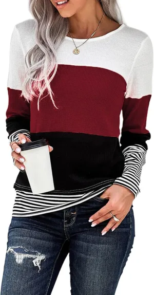 Long Sleeve Shirts for Women Casual Lightweight Sweaters Color Block Striped Tunic Tops