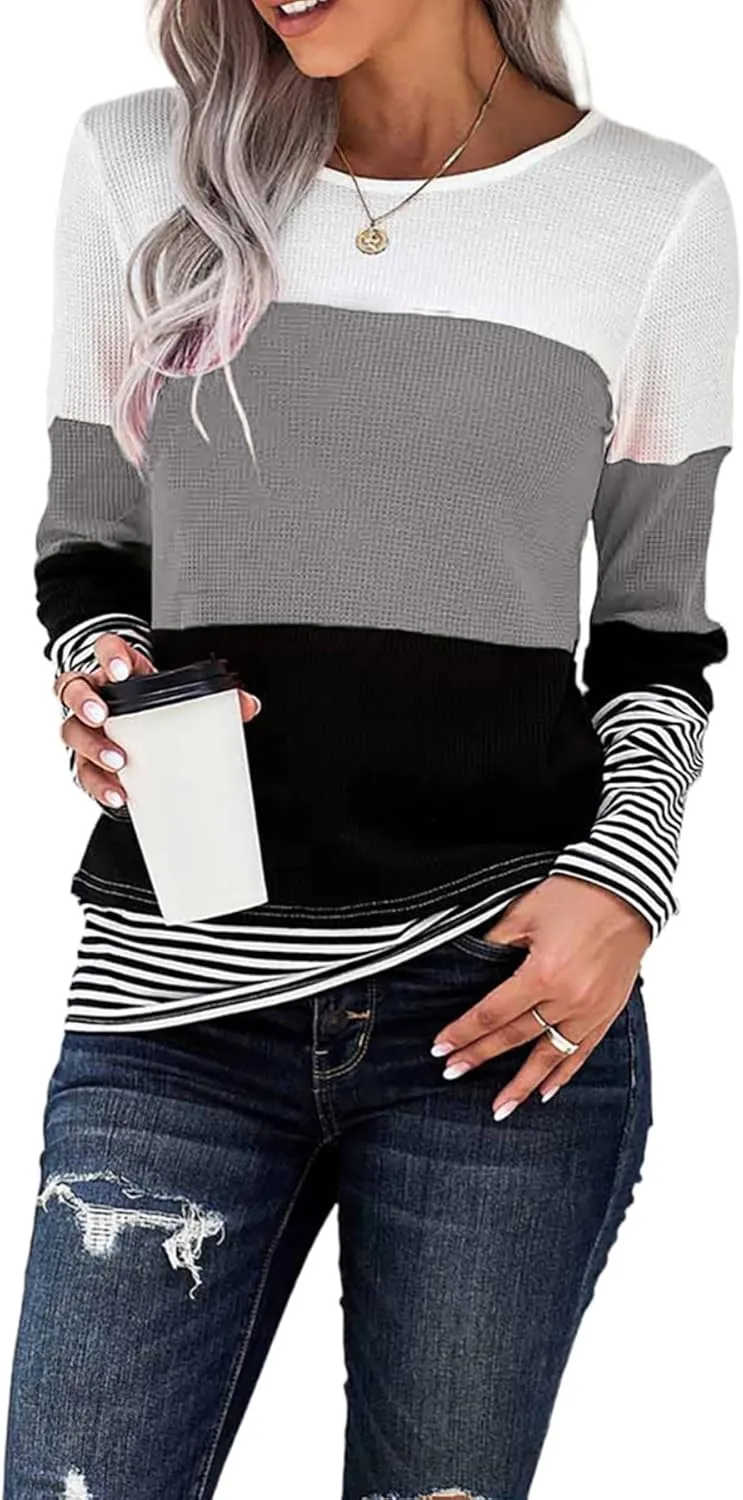 Long Sleeve Shirts for Women Casual Lightweight Sweaters Color Block Striped Tunic Tops