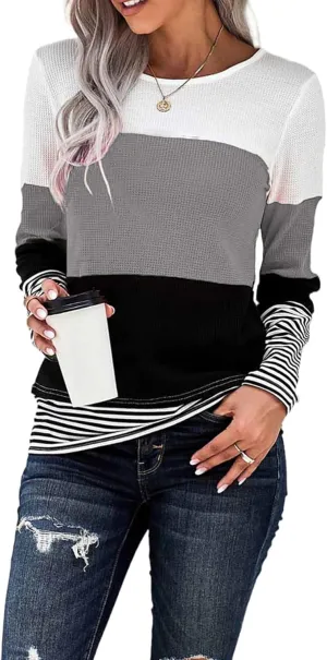 Long Sleeve Shirts for Women Casual Lightweight Sweaters Color Block Striped Tunic Tops