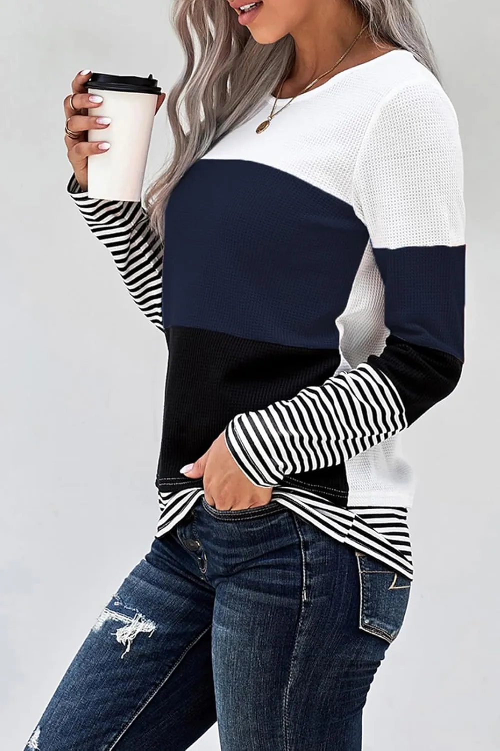 Long Sleeve Shirts for Women Casual Lightweight Sweaters Color Block Striped Tunic Tops