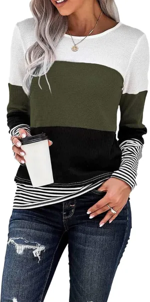 Long Sleeve Shirts for Women Casual Lightweight Sweaters Color Block Striped Tunic Tops