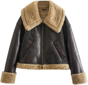 loveimgs Women's Faux Fur Leather Jacket Double Sided Long Sleeve Zipper Thick Warm Jackets Coat with Pockets