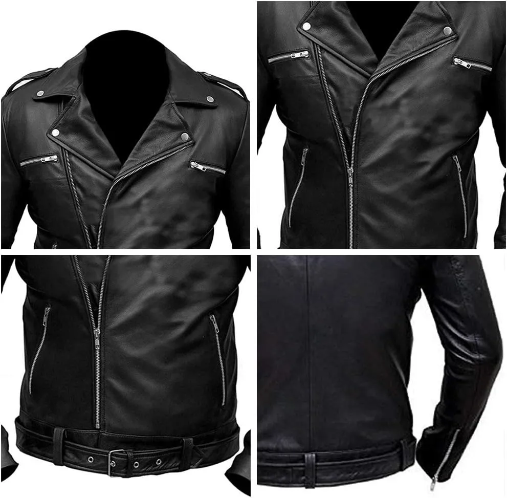 LP-FACON Mens Biker Brando Motorcycle Biker Black Leather/Faux Outerwear
