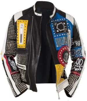 LP-FACON Mens Studded Punk Rock Leather Jacket Spikes Motorcycle Retro Multicolor Biker Outerwear