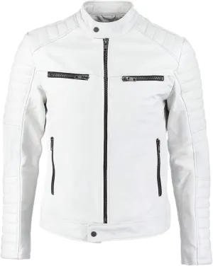 LP-FACON Mens White Leather Jacket - Motorcycle Biker Style Casual Fashion Jacket Outerwear