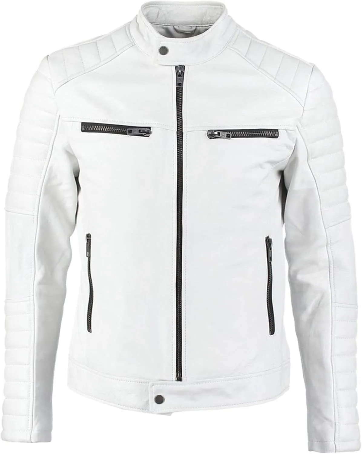 LP-FACON Mens White Leather Jacket - Motorcycle Biker Style Casual Fashion Jacket Outerwear