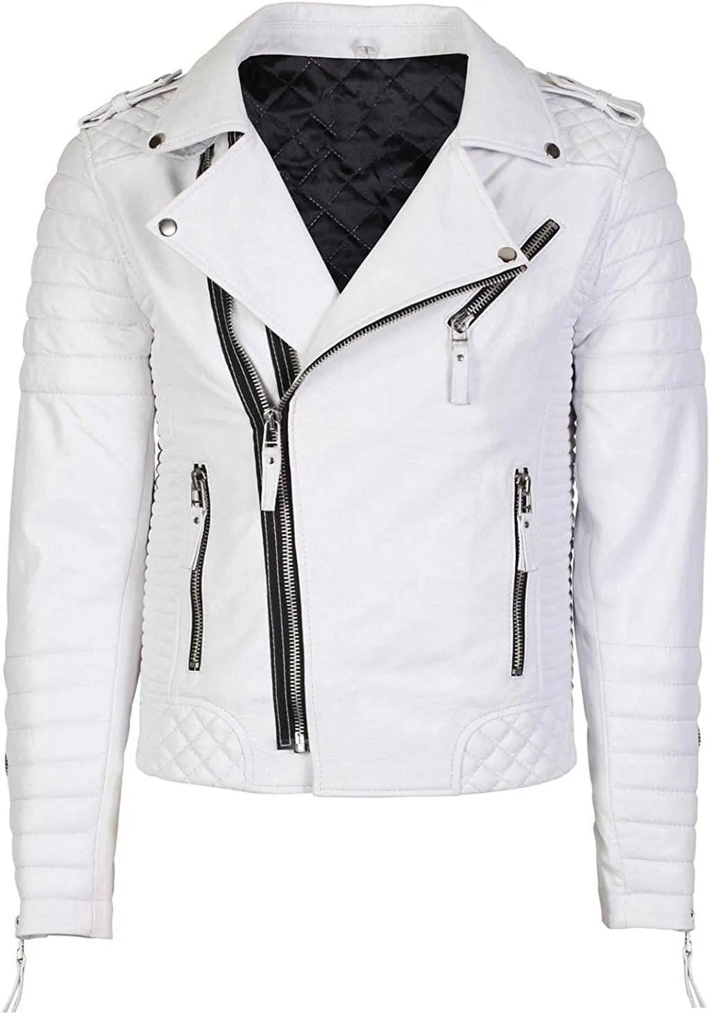 LP-FACON Mens White Leather Jacket - Motorcycle Biker Style Casual Fashion Jacket Outerwear