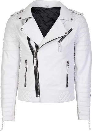 LP-FACON Mens White Leather Jacket - Motorcycle Biker Style Casual Fashion Jacket Outerwear