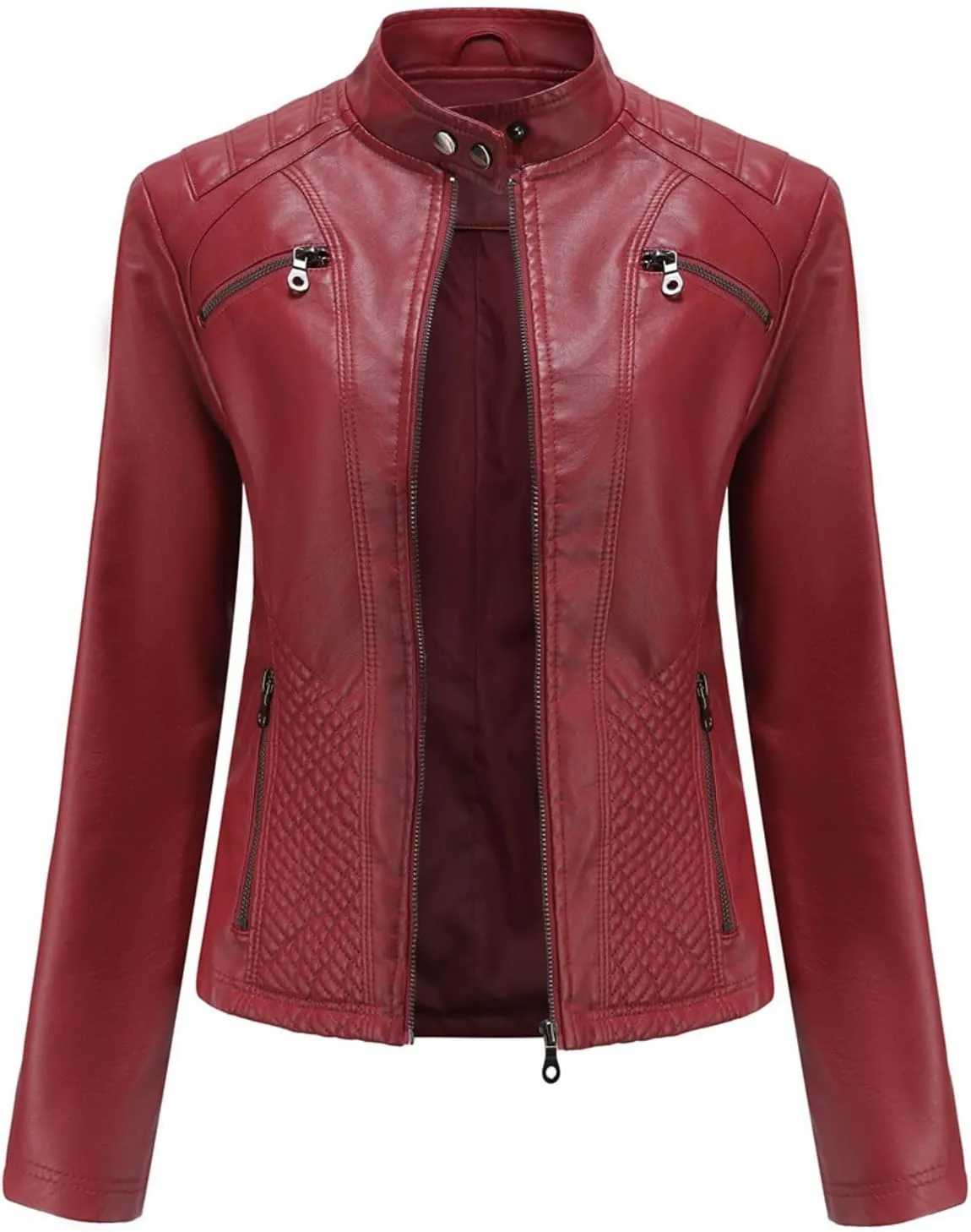 Lu's Chic Women's Long Sleeve Leather Jacket Faux Leather Top Thermal Zipper Motorcycle Bike Zip Fashion Outerwear