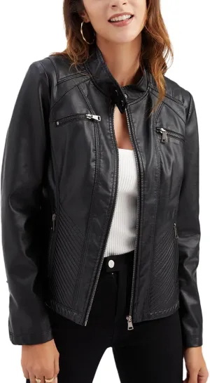 Lu's Chic Women's Long Sleeve Leather Jacket Faux Leather Top Thermal Zipper Motorcycle Bike Zip Fashion Outerwear