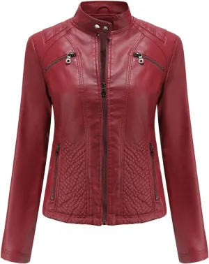 Lu's Chic Women's Long Sleeve Leather Jacket Faux Leather Top Thermal Zipper Motorcycle Bike Zip Fashion Outerwear