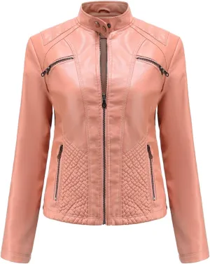 Lu's Chic Women's Long Sleeve Leather Jacket Faux Leather Top Thermal Zipper Motorcycle Bike Zip Fashion Outerwear
