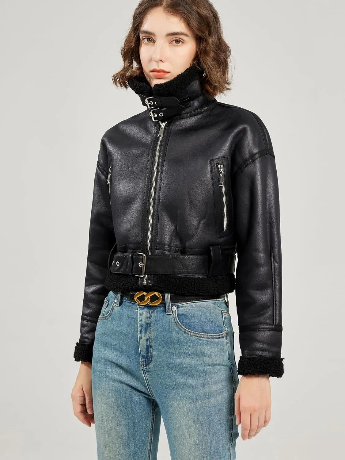 LY VAREY LIN Women's Faux Shearing Fur Bomber Jacket Cropped Aviator Leather Coat Outerwear