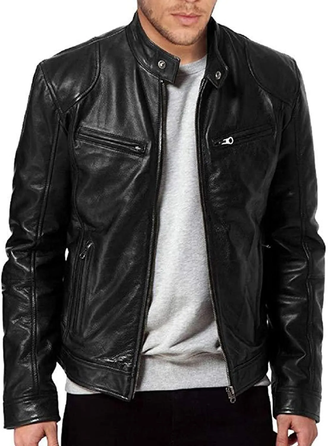 Maiyifu-GJ Men's Faux Leather Biker Jacket Vintage Motorcycle Jacket Outerwear Retro Stand Collar PU Leather Slim Fit Coat