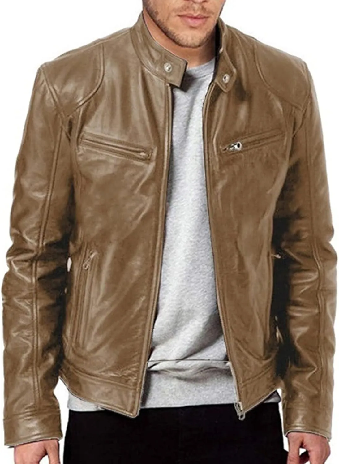 Maiyifu-GJ Men's Faux Leather Biker Jacket Vintage Motorcycle Jacket Outerwear Retro Stand Collar PU Leather Slim Fit Coat