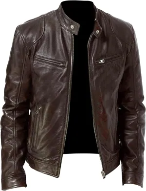 Maiyifu-GJ Men's Faux Leather Biker Jacket Vintage Motorcycle Jacket Outerwear Retro Stand Collar PU Leather Slim Fit Coat