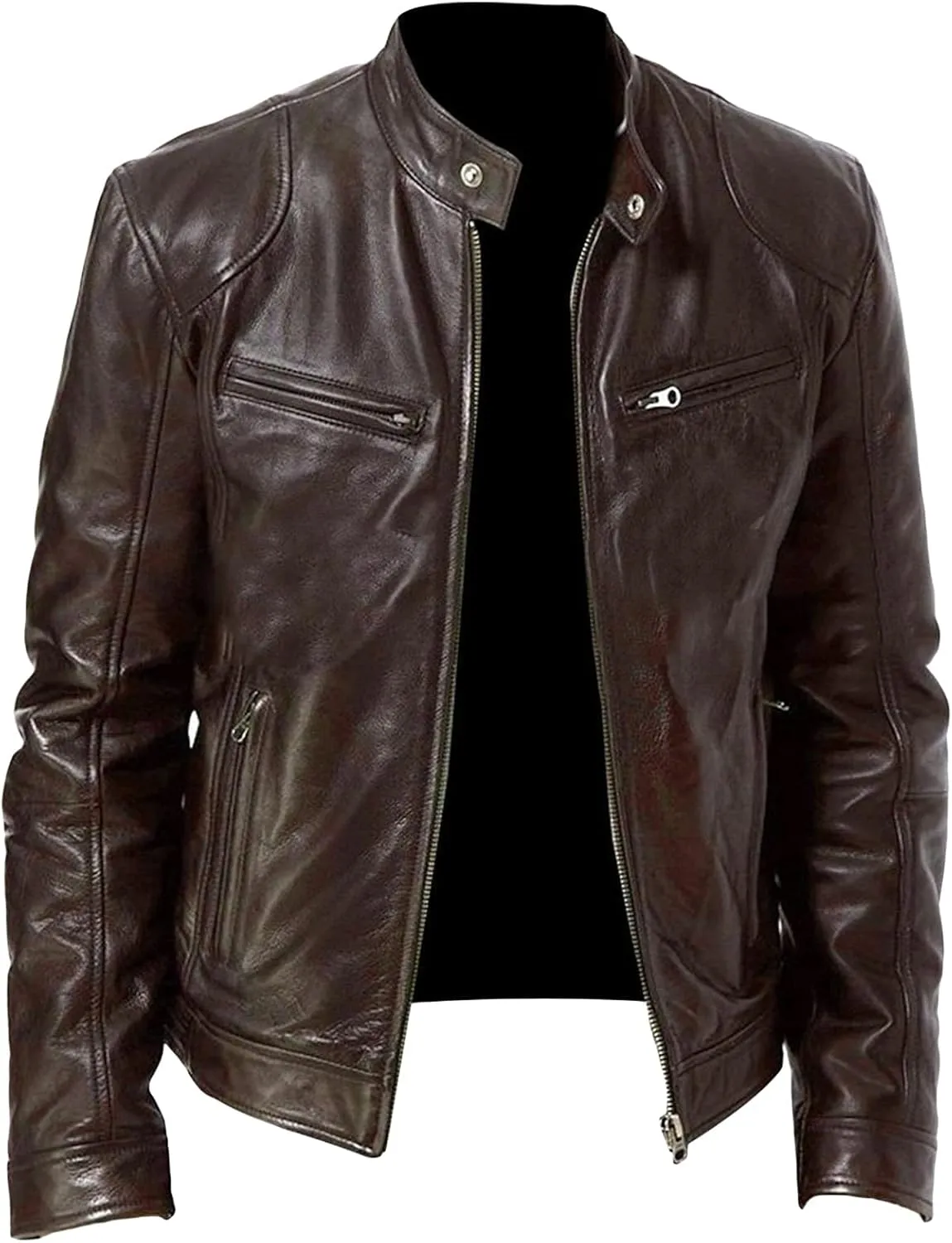 Maiyifu-GJ Men's Faux Leather Biker Jacket Vintage Motorcycle Jacket Outerwear Retro Stand Collar PU Leather Slim Fit Coat