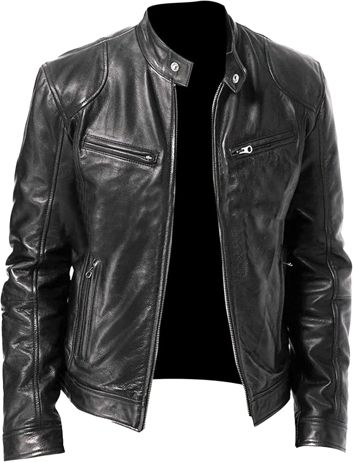 Maiyifu-GJ Men's Faux Leather Biker Jacket Vintage Motorcycle Jacket Outerwear Retro Stand Collar PU Leather Slim Fit Coat