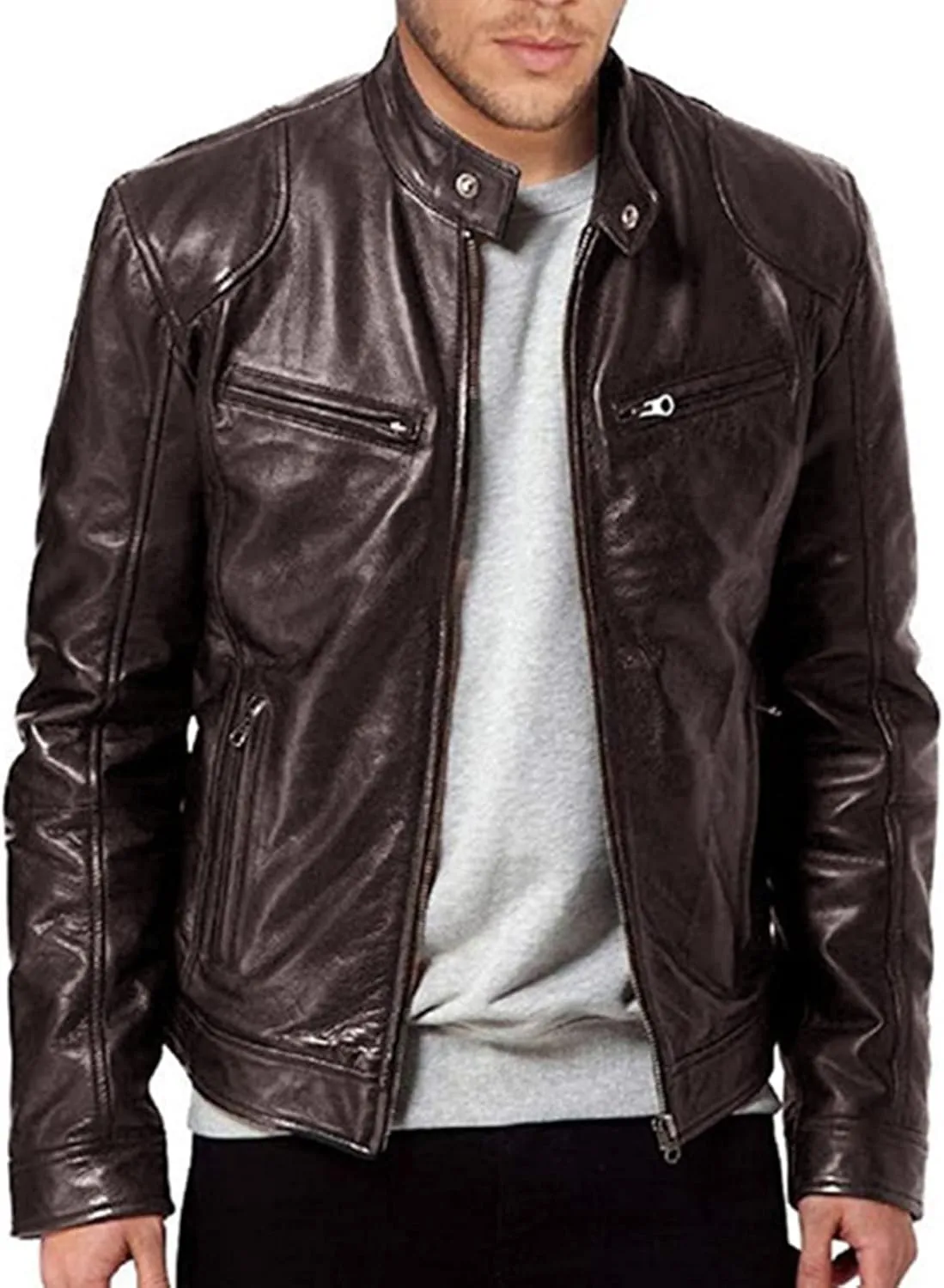 Maiyifu-GJ Men's Faux Leather Biker Jacket Vintage Motorcycle Jacket Outerwear Retro Stand Collar PU Leather Slim Fit Coat