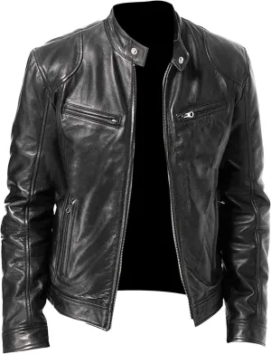 Maiyifu-GJ Men's Faux Leather Biker Jacket Vintage Motorcycle Jacket Outerwear Retro Stand Collar PU Leather Slim Fit Coat
