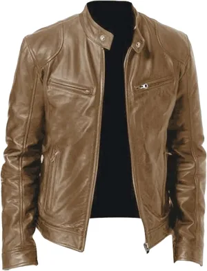Maiyifu-GJ Men's Faux Leather Biker Jacket Vintage Motorcycle Jacket Outerwear Retro Stand Collar PU Leather Slim Fit Coat