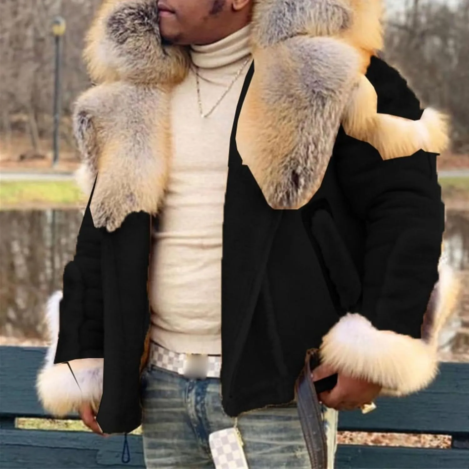 Maiyifu-GJ Men's Winter Coat Faux Leather Jacket Thicken Warm Fleece Lined Overcoat Windproof Vintage Trench Coats Outerwear