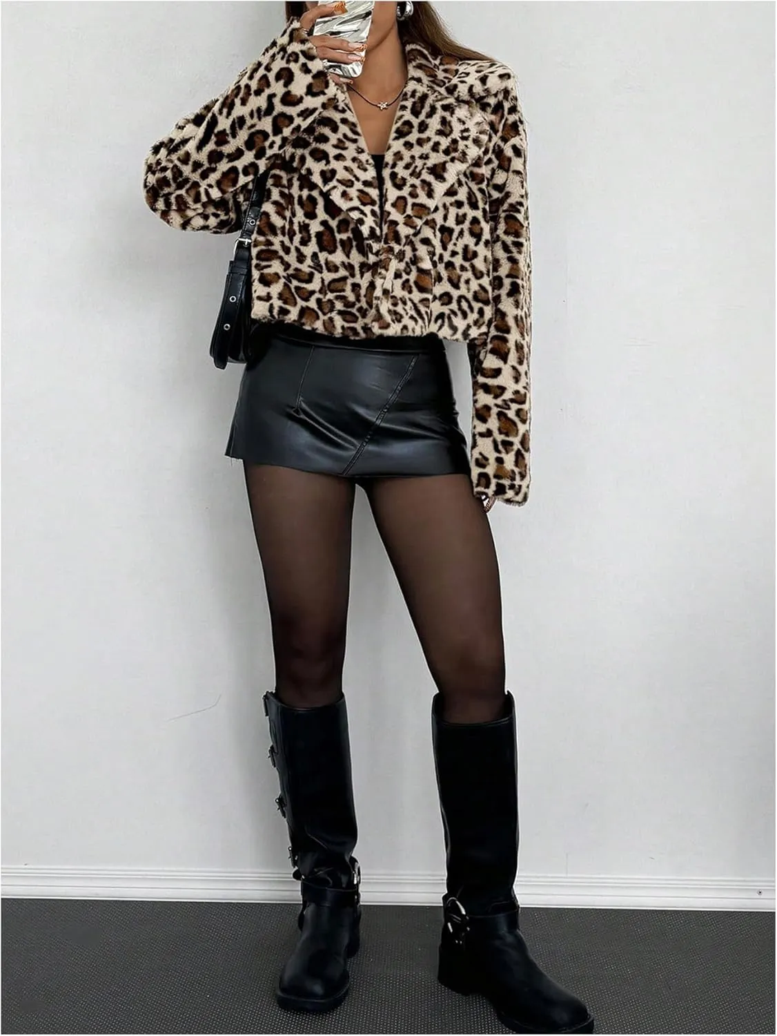 MakeMeChic Women's Faux Fur Leopard Print Coat Long Sleeve Lapel Neck Cropped Jacket Outerwear