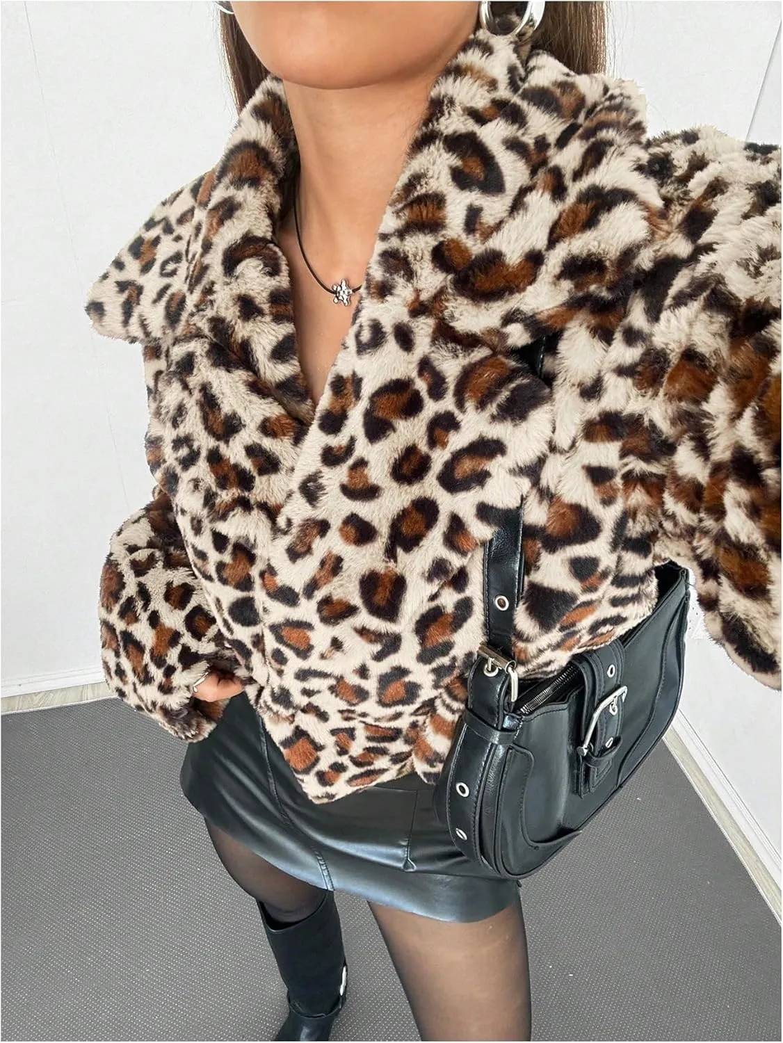 MakeMeChic Women's Faux Fur Leopard Print Coat Long Sleeve Lapel Neck Cropped Jacket Outerwear