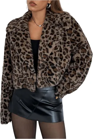 MakeMeChic Women's Faux Fur Leopard Print Coat Long Sleeve Lapel Neck Cropped Jacket Outerwear