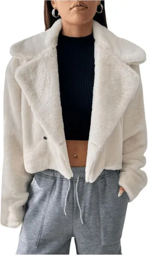 MakeMeChic Women's Faux Fur Leopard Print Coat Long Sleeve Lapel Neck Cropped Jacket Outerwear