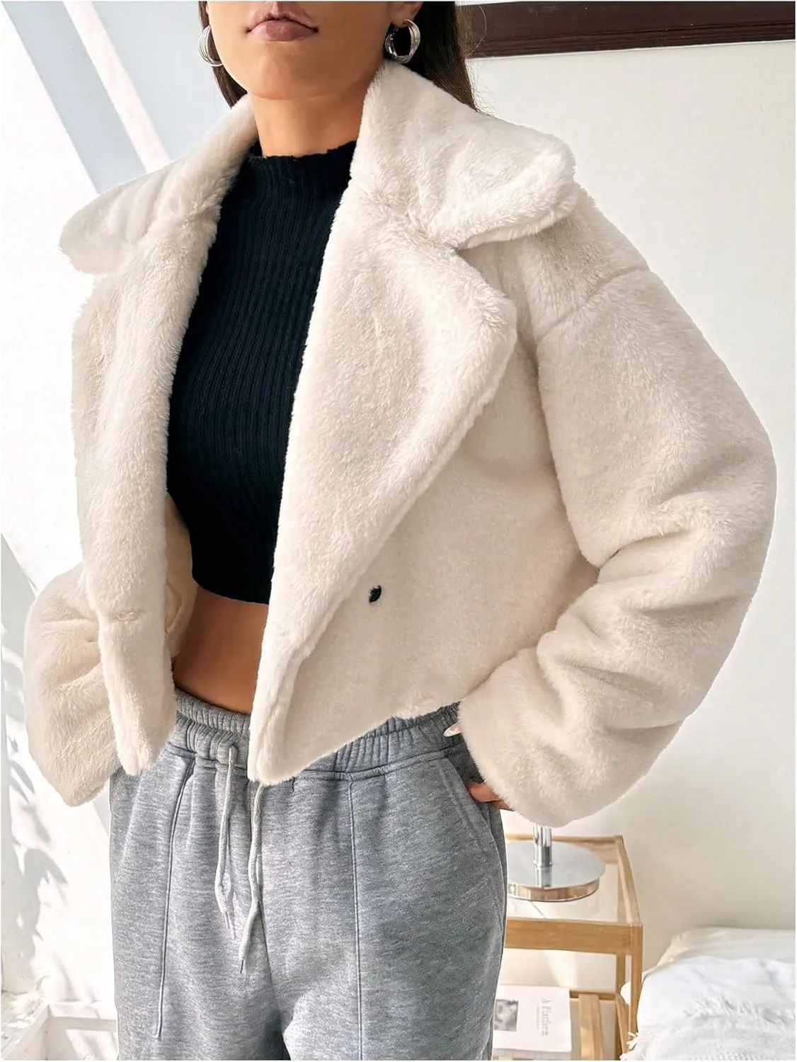MakeMeChic Women's Faux Fur Leopard Print Coat Long Sleeve Lapel Neck Cropped Jacket Outerwear