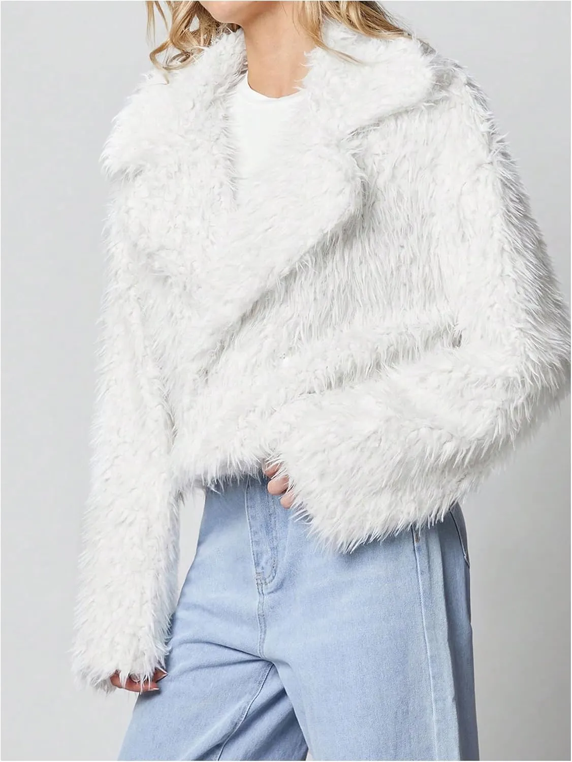 MakeMeChic Women's Faux Fur Leopard Print Coat Long Sleeve Lapel Neck Cropped Jacket Outerwear