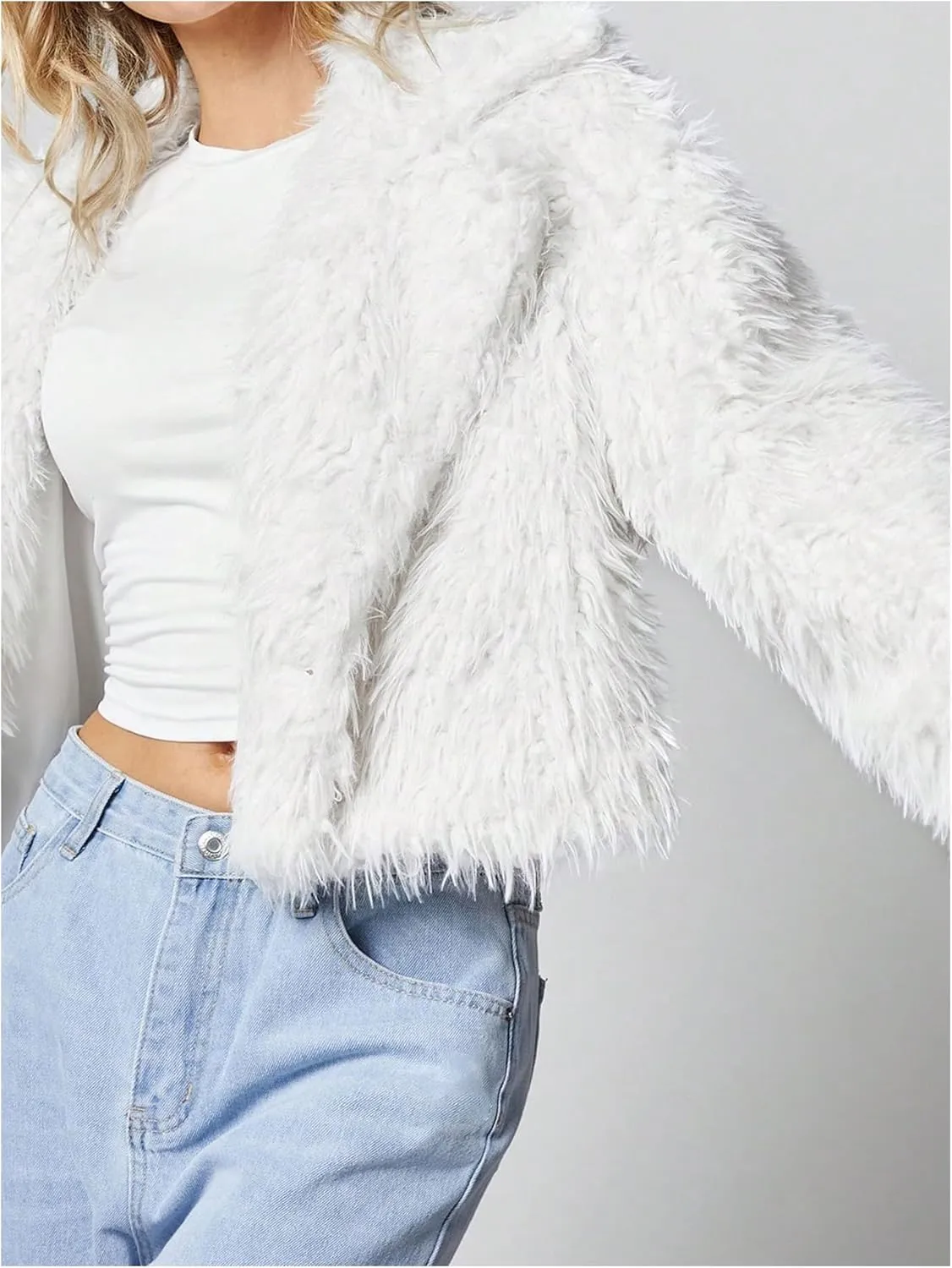 MakeMeChic Women's Faux Fur Leopard Print Coat Long Sleeve Lapel Neck Cropped Jacket Outerwear