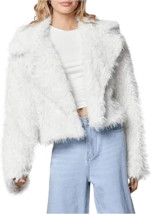 MakeMeChic Women's Faux Fur Leopard Print Coat Long Sleeve Lapel Neck Cropped Jacket Outerwear