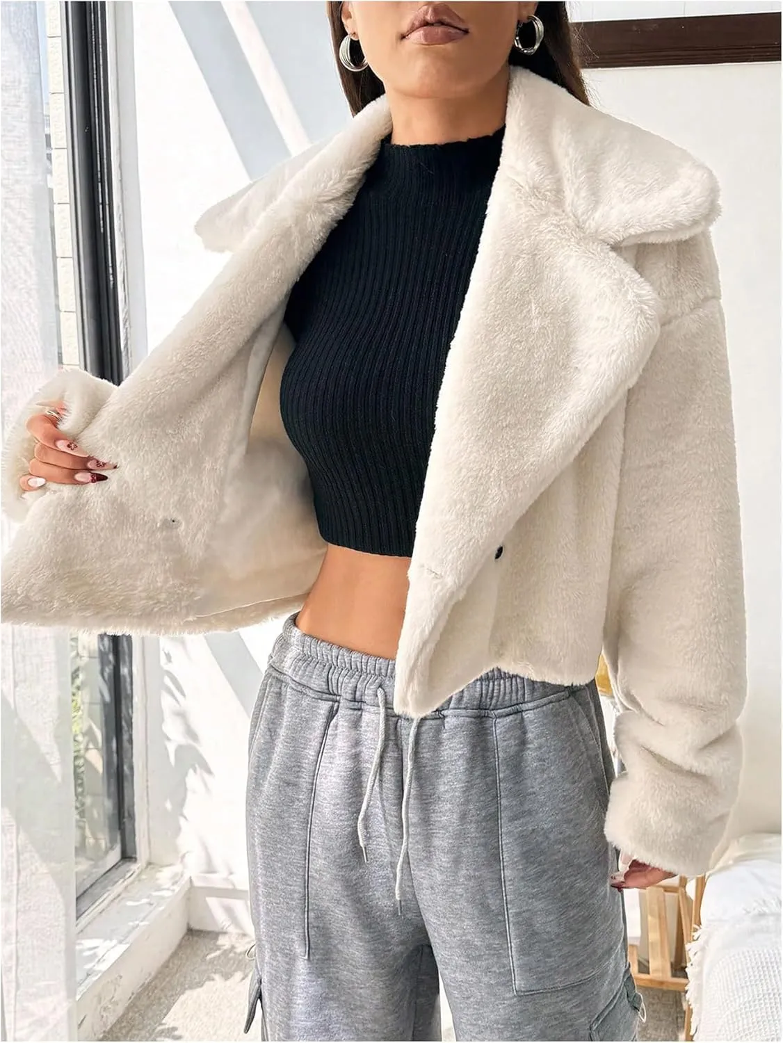 MakeMeChic Women's Faux Fur Leopard Print Coat Long Sleeve Lapel Neck Cropped Jacket Outerwear