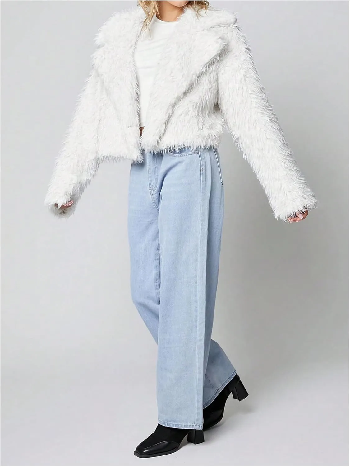 MakeMeChic Women's Faux Fur Leopard Print Coat Long Sleeve Lapel Neck Cropped Jacket Outerwear