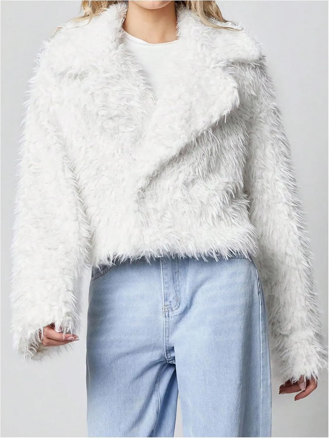 MakeMeChic Women's Faux Fur Leopard Print Coat Long Sleeve Lapel Neck Cropped Jacket Outerwear