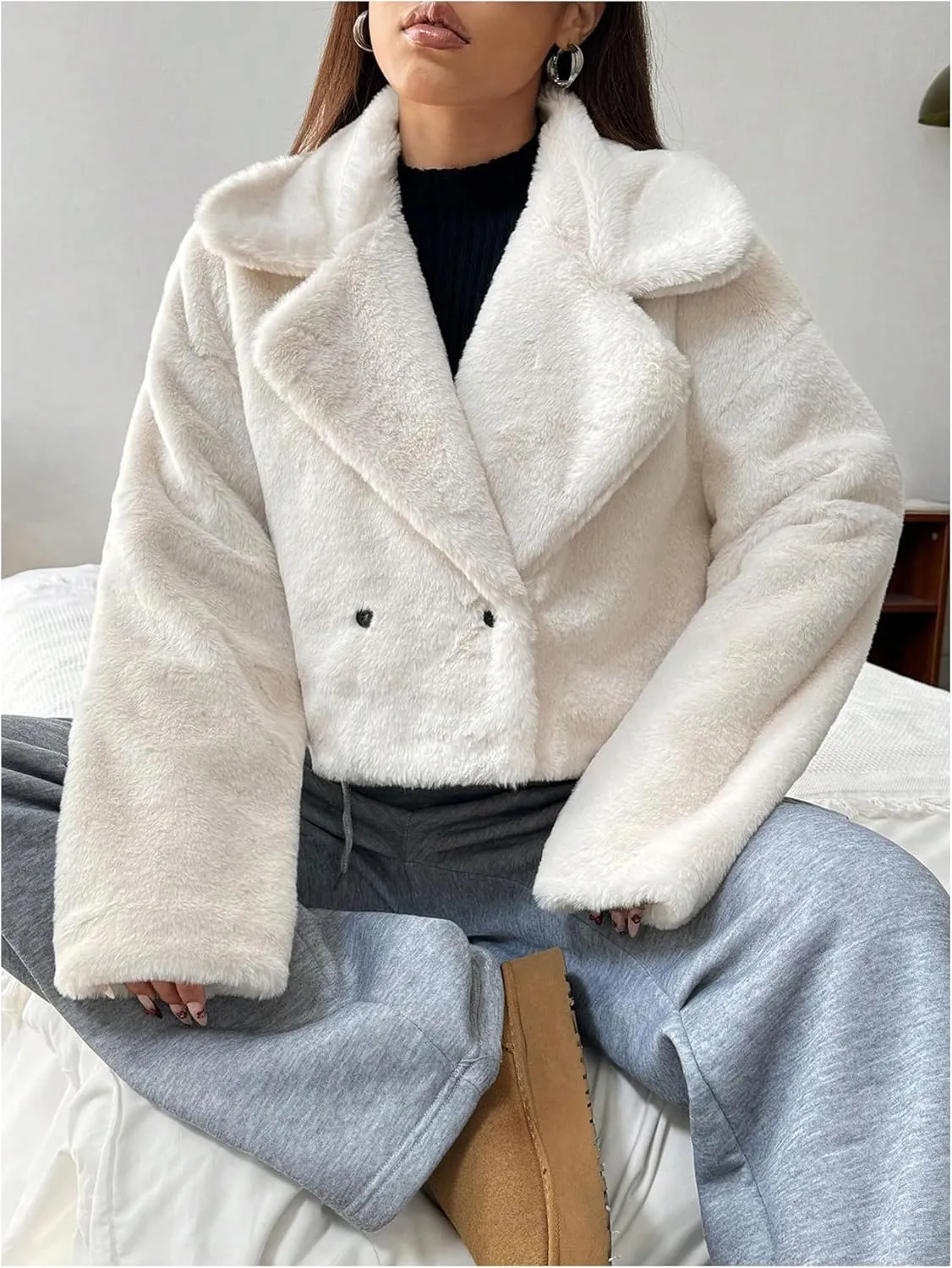MakeMeChic Women's Faux Fur Leopard Print Coat Long Sleeve Lapel Neck Cropped Jacket Outerwear