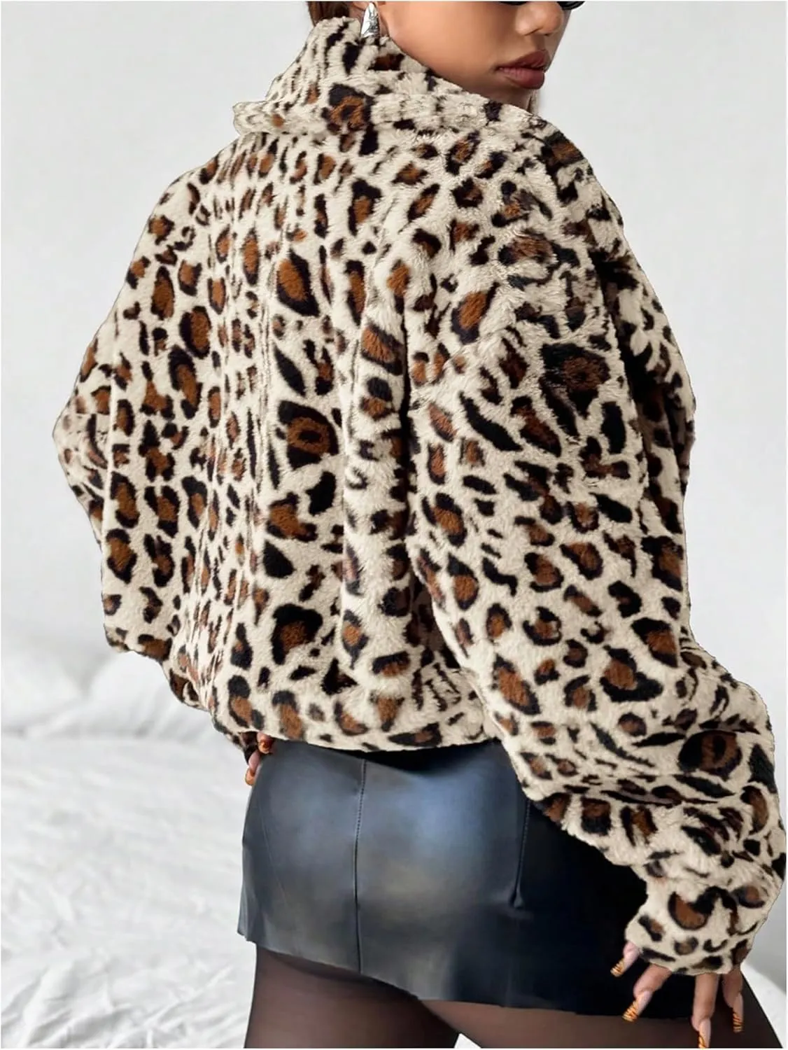 MakeMeChic Women's Faux Fur Leopard Print Coat Long Sleeve Lapel Neck Cropped Jacket Outerwear