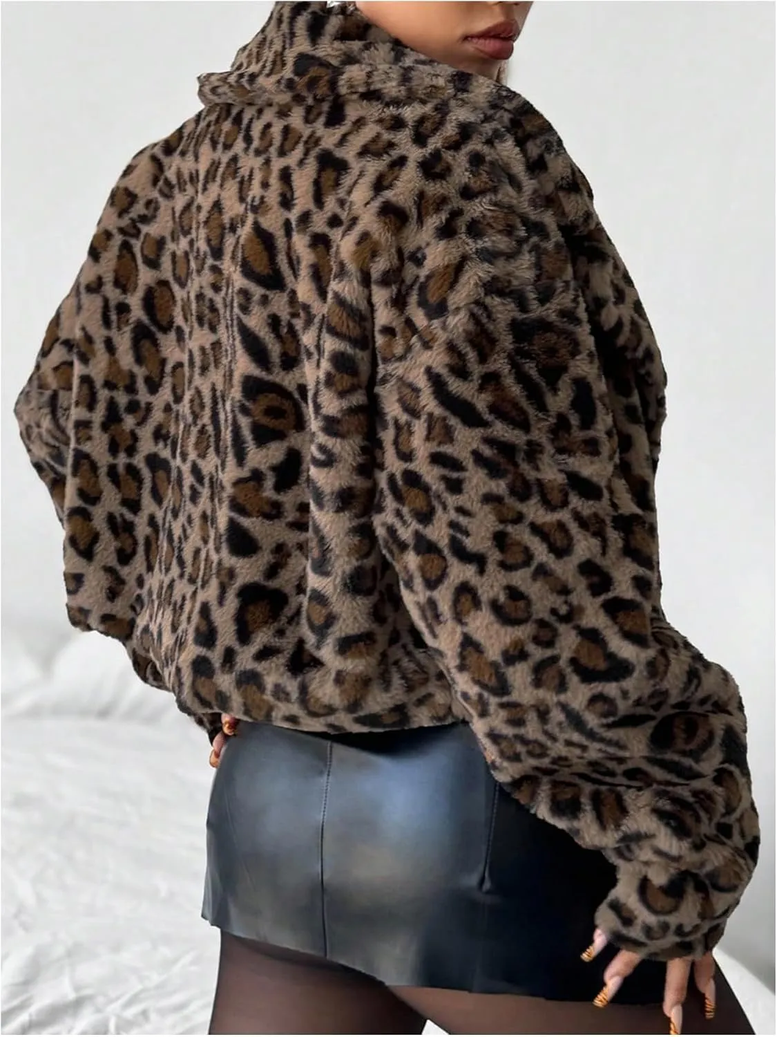 MakeMeChic Women's Faux Fur Leopard Print Coat Long Sleeve Lapel Neck Cropped Jacket Outerwear